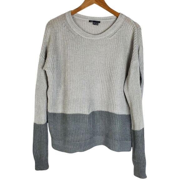 Vince Womens Long Sleeve Linen Knit Pullover Sweater Sz M Gray Color Block READ - Picture 1 of 13